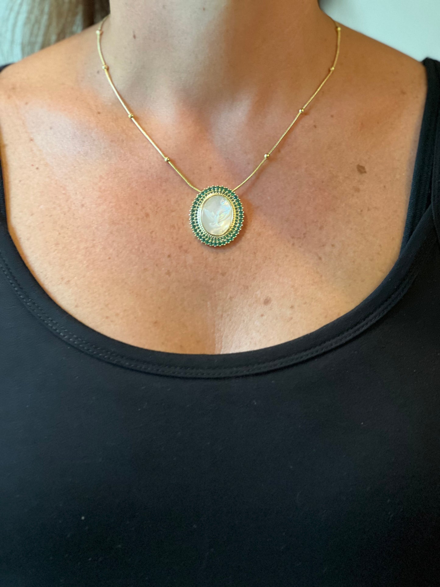 Green Holy Spirit Mother of Pearl Necklace
