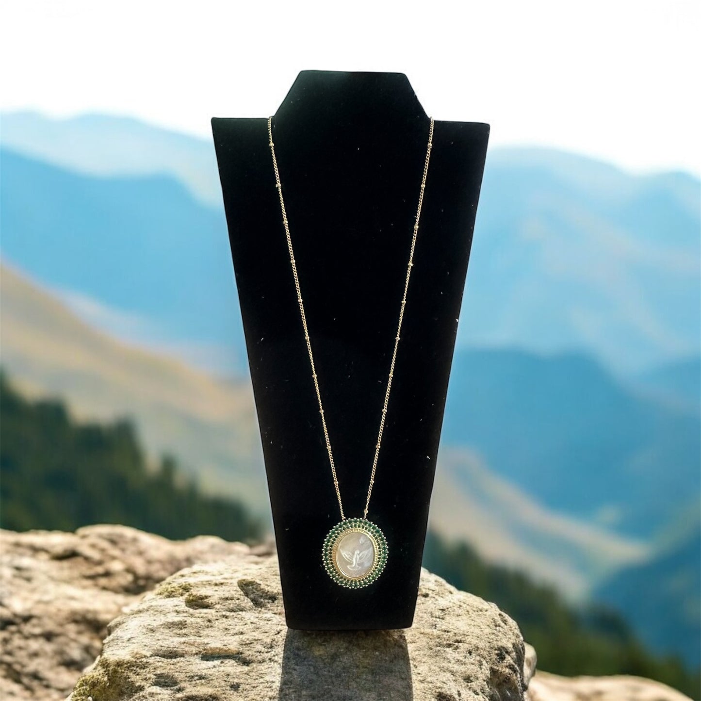 Green Holy Spirit Mother of Pearl Necklace
