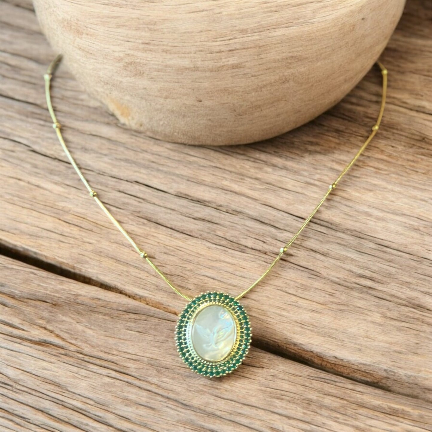 Green Holy Spirit Mother of Pearl Necklace