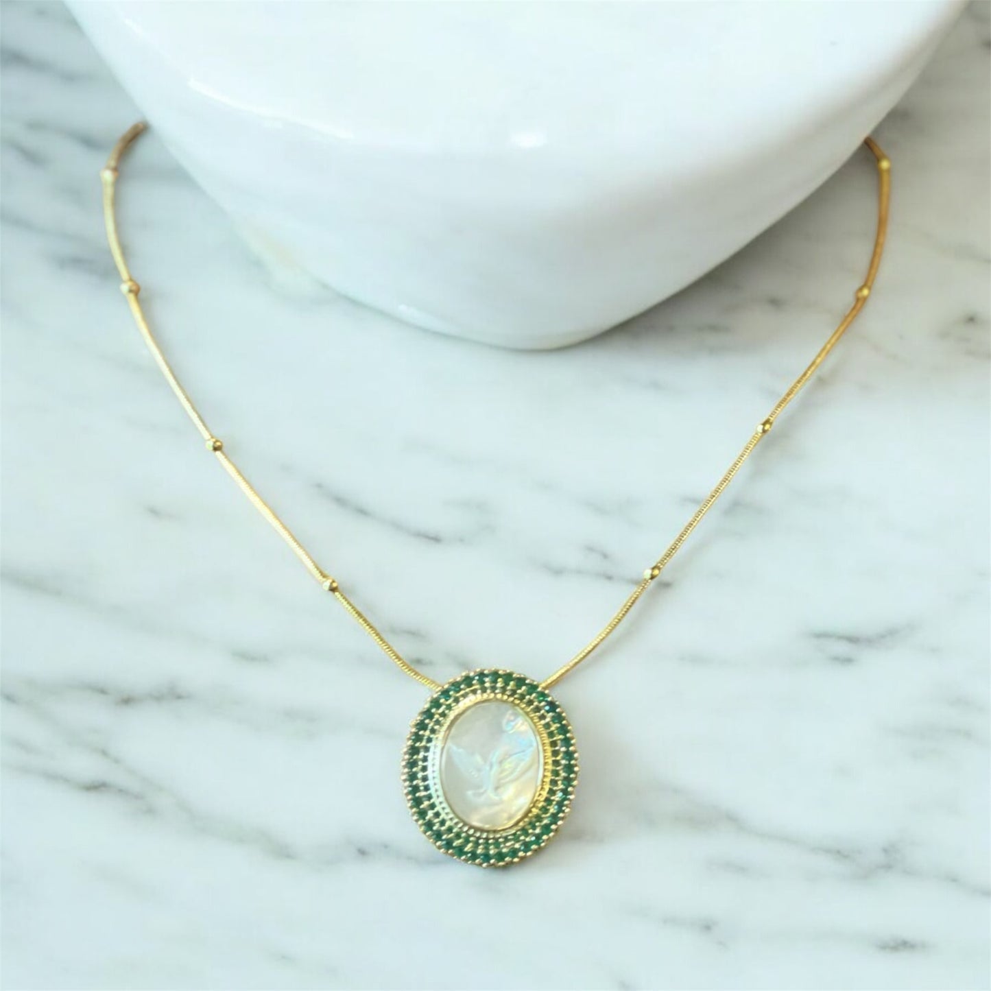 Green Holy Spirit Mother of Pearl Necklace