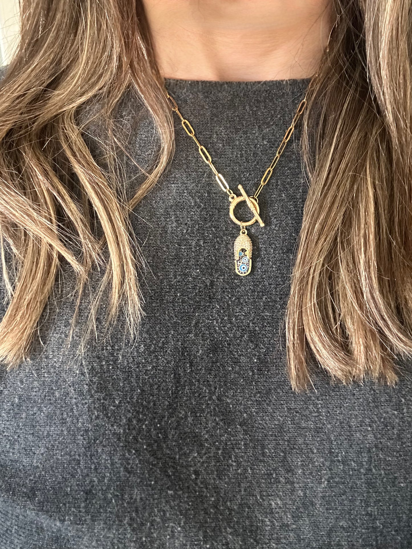Lucky Sandal Evil Eye Toggle Paperclip Chain