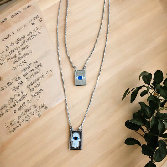 Evil Eye & Hamsa Scapular Necklace – Double Chain Spiritual Protection