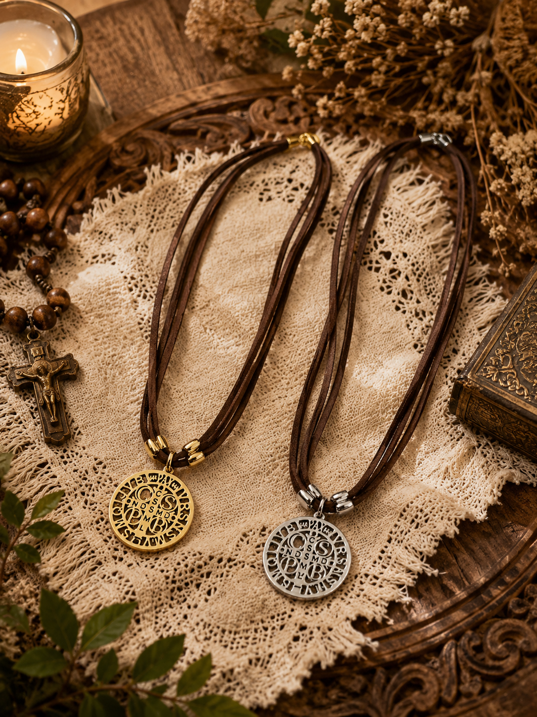 Saint Benedict Suede Necklace – Protection & Faith Amulet