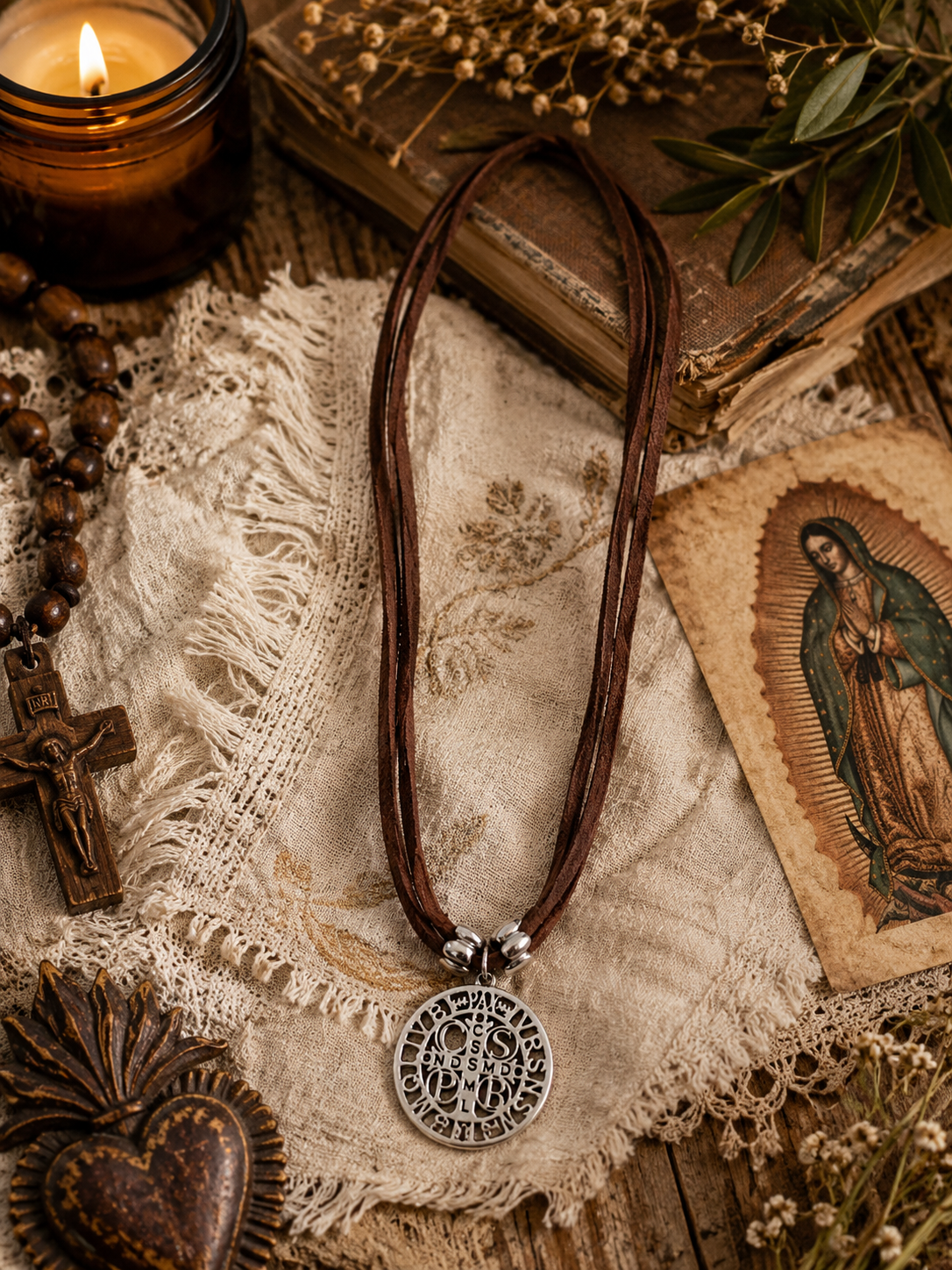 Saint Benedict Suede Necklace – Protection & Faith Amulet