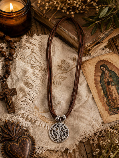Saint Benedict Suede Necklace – Protection & Faith Amulet