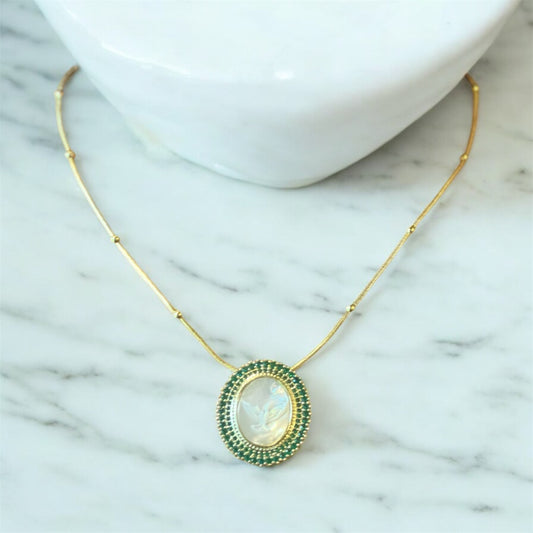 Green Holy Spirit Mother of Pearl Necklace